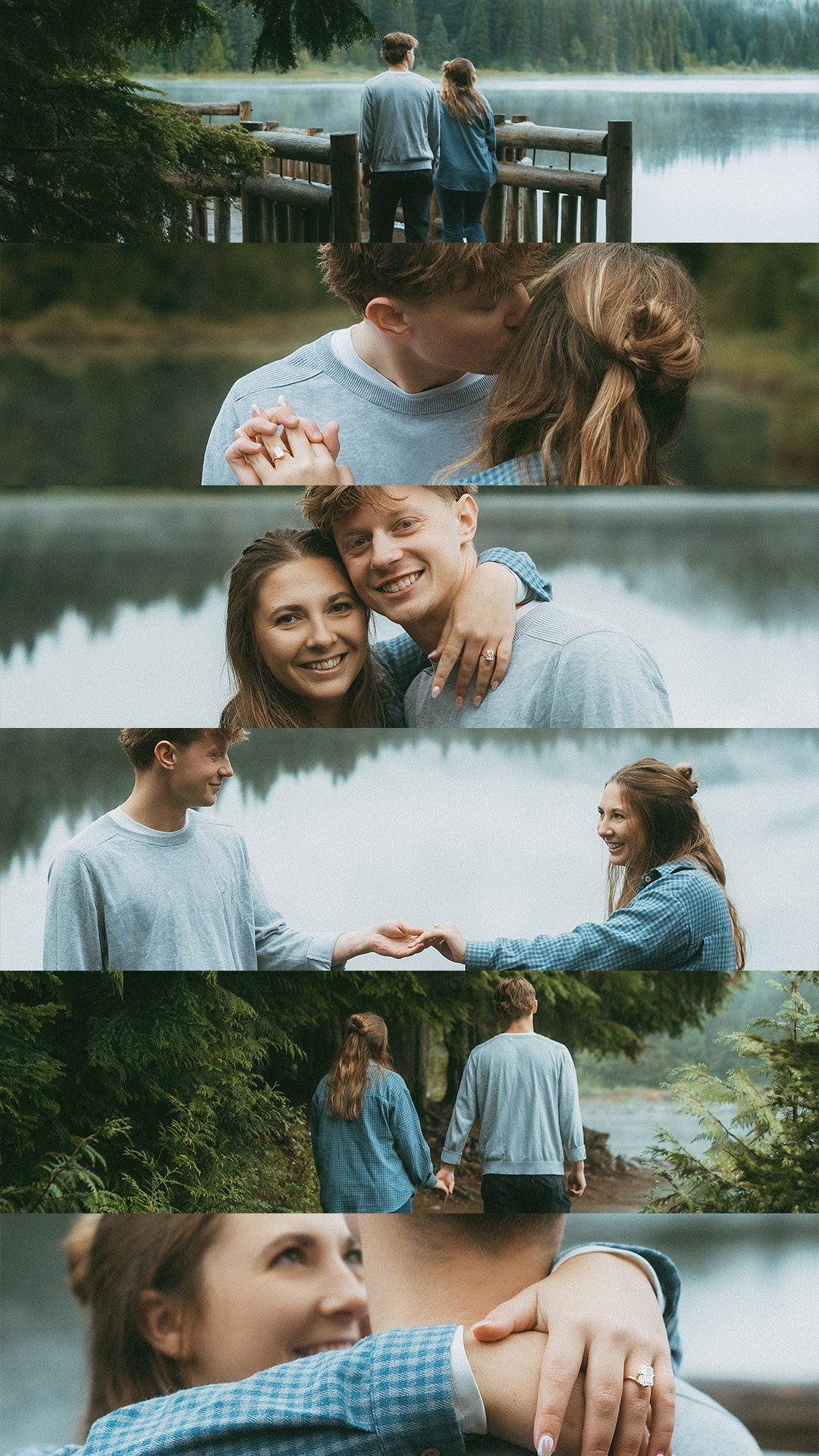 Love story photography — Cinematic collage of a surprise proposal at trillium lake oregon